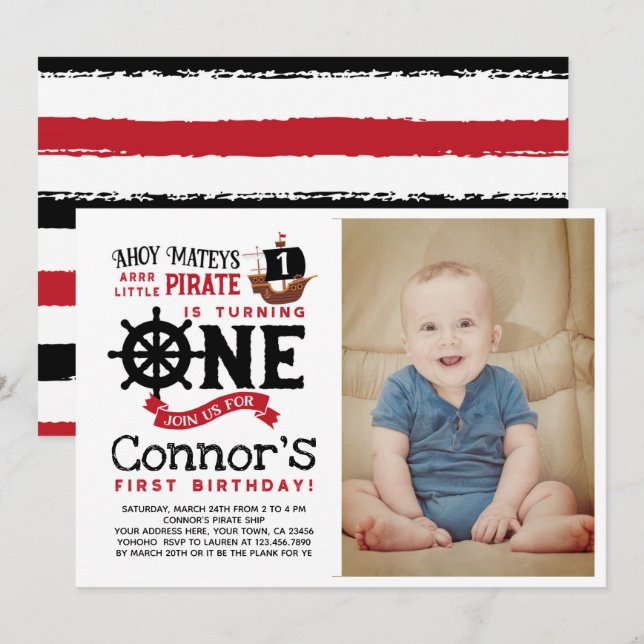Pirate First Birthday Invitation with Photo (Front/Back)