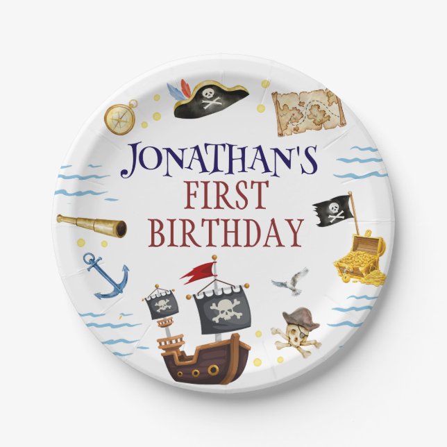 Pirate first birthday party  paper plates (Front)