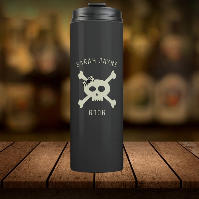 Pirate Flag Name Black Thermal Tumbler (Ahoy! Add your name to this cute pirate skull and crossbones thermal tumbler)