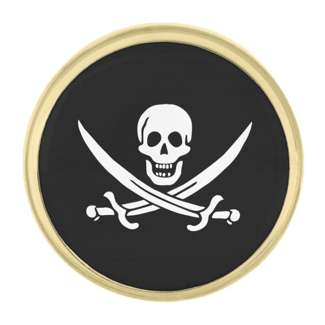 Pirate Flag Skull Crossed Swords Gold Finish Lapel Pin (Front)