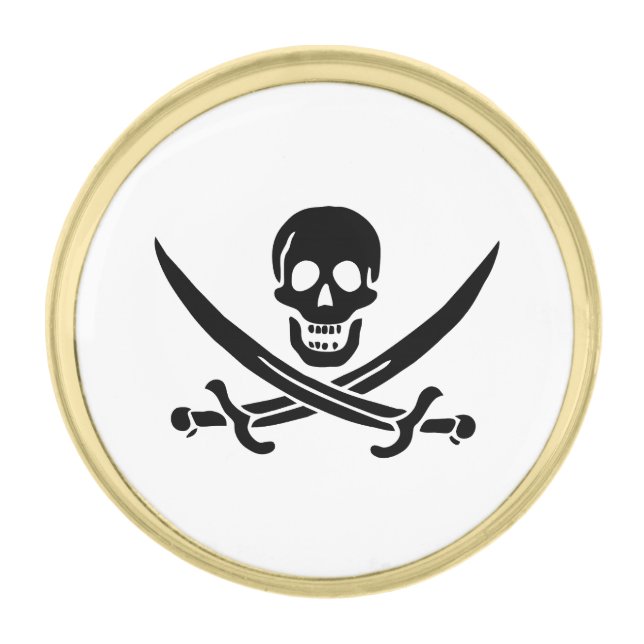 Pirate Flag Skull Crossed Swords Gold Finish Lapel Pin (Front)