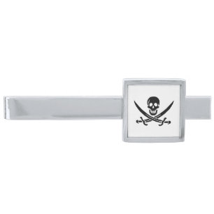 Pirate Flag Skull Crossed Swords Silver Finish Tie Bar