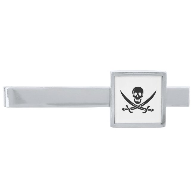 Pirate Flag Skull Crossed Swords Silver Finish Tie Bar (Front)