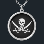 Pirate Flag Skull Crossed Swords Silver Plated Necklace<br><div class="desc">Pirate flag skull and crossed swords Jolly Roger. The flag is associated with John Rackham,  commonly known as Calico Jack.</div>