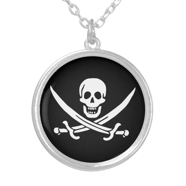 Pirate Flag Skull Crossed Swords Silver Plated Necklace (Front)