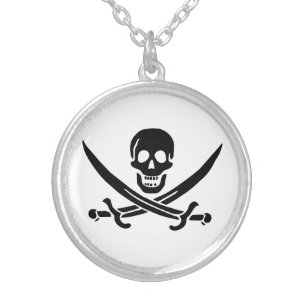 Pirate Flag Skull Crossed Swords Silver Plated Necklace