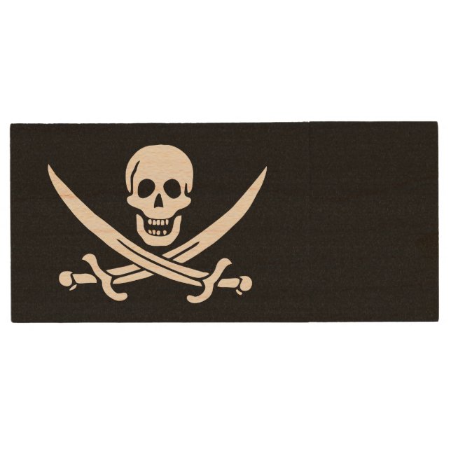 Pirate Flag Skull Crossed Swords Wood Flash Drive (Front)