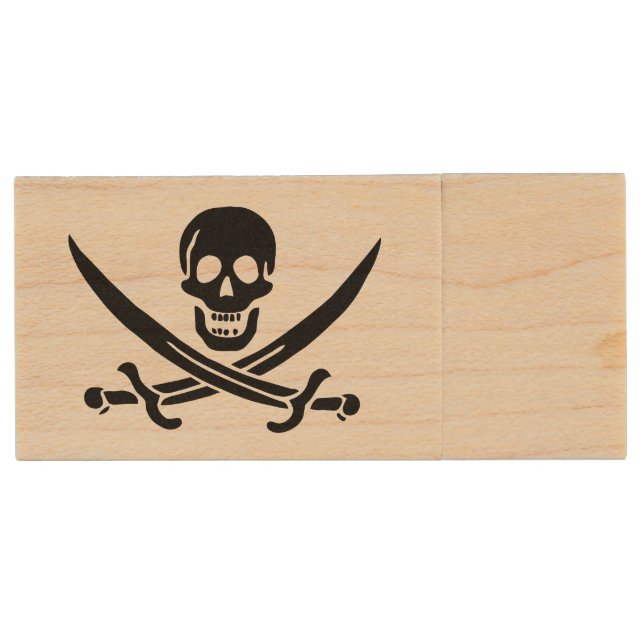 Pirate Flag Skull Crossed Swords Wood Flash Drive (Front)