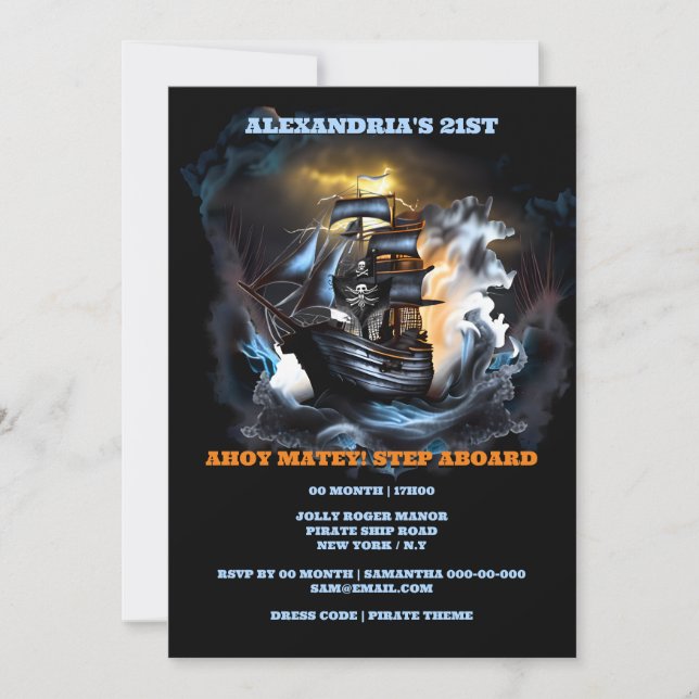 Pirate ghost ship jolly roger night storms invitation (Front)