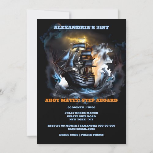 Pirate ghost ship jolly roger night storms invitation