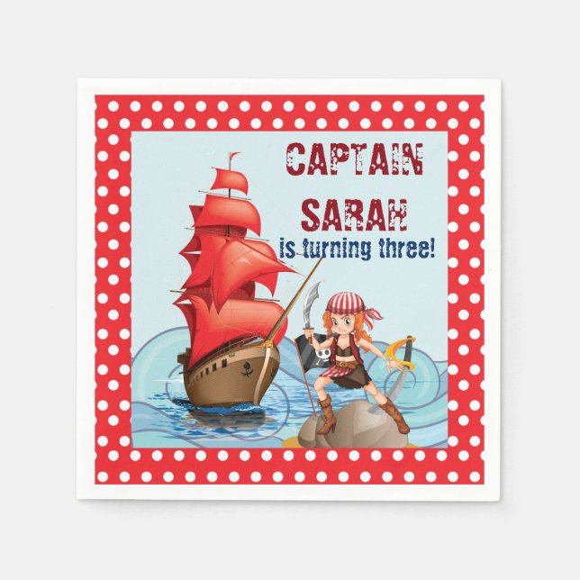 Pirate Girl Birthday Party Boat cartoon style Napkins (Front)
