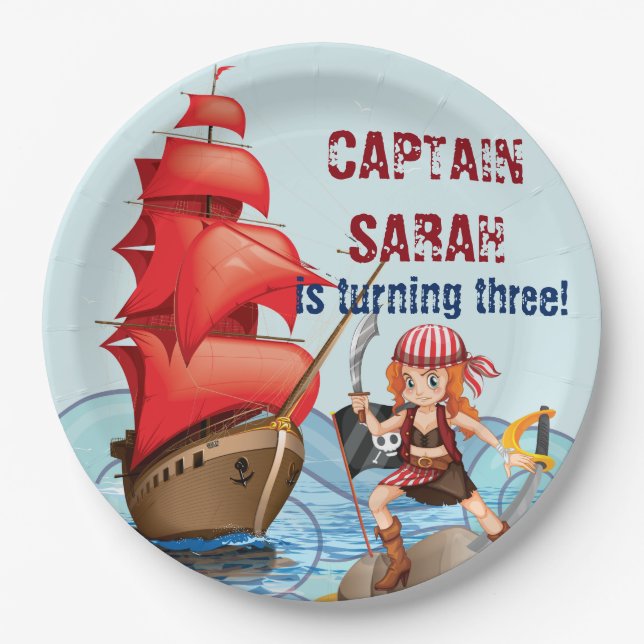Pirate Girl Birthday Party Boat stripes Paper Plates (Front)