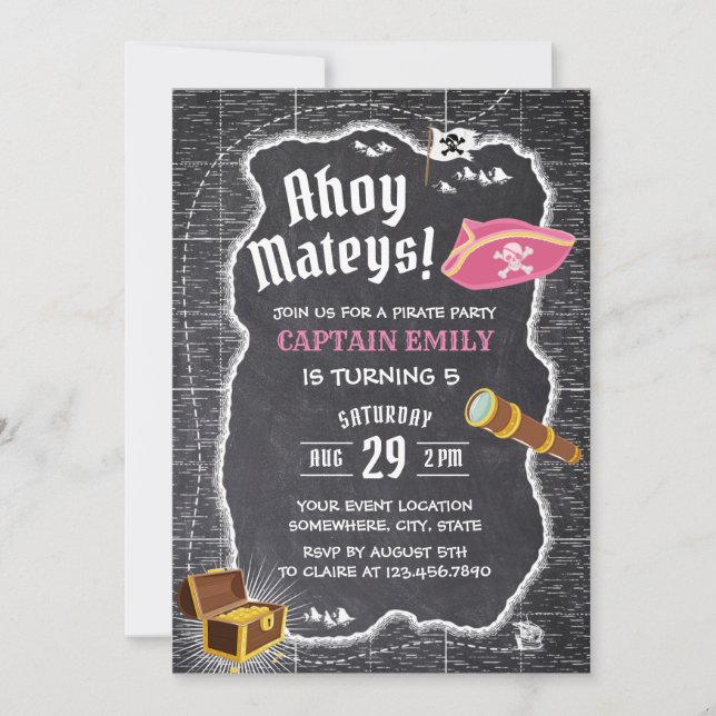 Pirate Girl Birthday Party Chalkboard Map Invitation (Front)