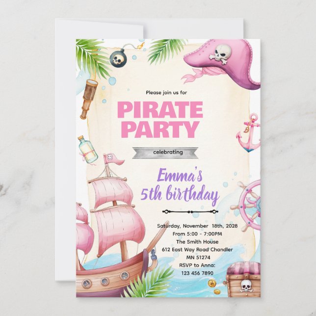 Pirate girl birthday theme invitation (Front)