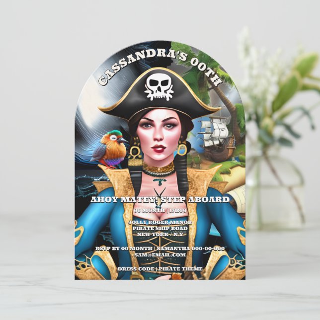 Pirate girl colorful bird island theme party invitation (Standing Front)