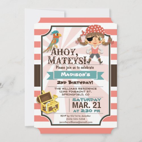 Pirate Girl Coral Pink  Brown Birthday Party Invitation