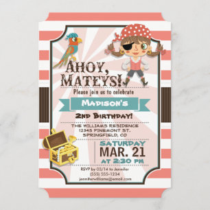 Pirate Girl; Coral Pink & Brown Birthday Party Invitation