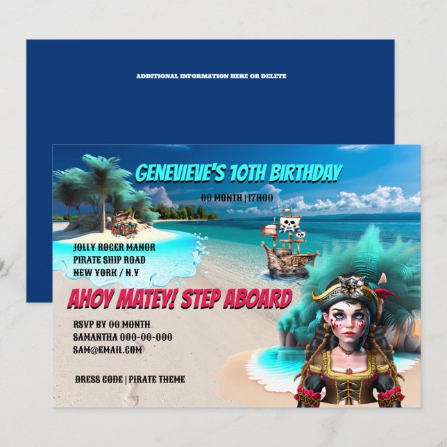 Pirate girl island treasure chest pirate ship  invitation (Front/Back)