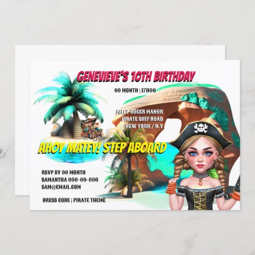 Pirate girl island treasure chest pirate ship  invitation