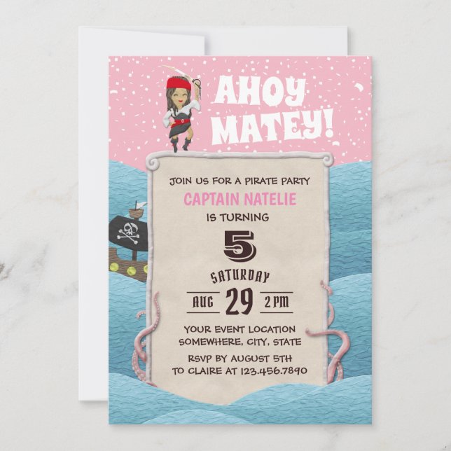 Pirate Girl Octopus Ahoy Matey Birthday Party Invitation (Front)
