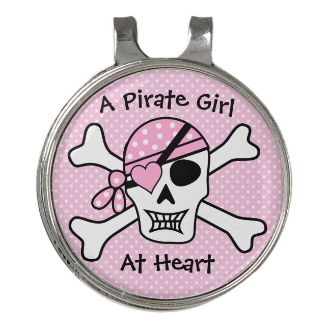 Pirate Girl Pink Cute Girly Skull Polka Dot  Golf Hat Clip (Front)