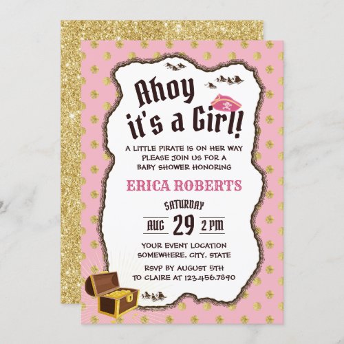 Pirate Girl Pink  Gold Adventure Map Baby Shower Invitation
