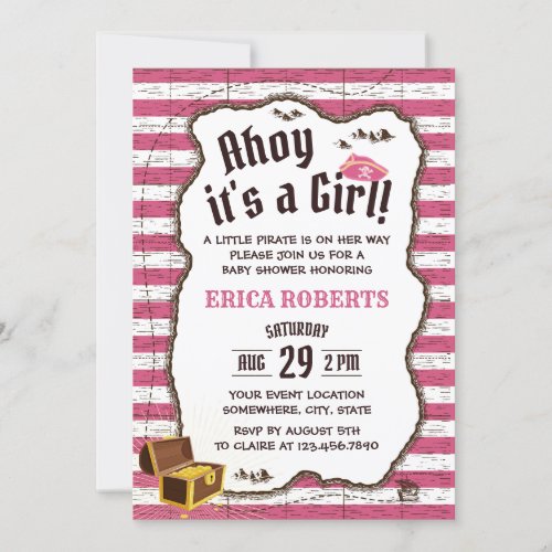Pirate Girl Pink Stripes Adventure Map Baby Shower Invitation