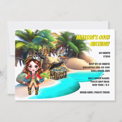 Pirate girl theme island treasure tropical bird invitation