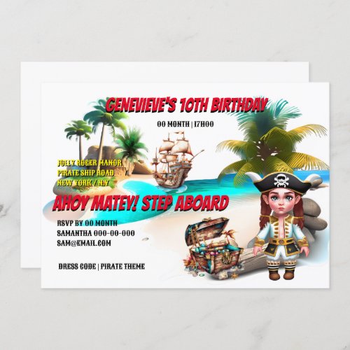 Pirate girl treasure chest tropical island ship invitation