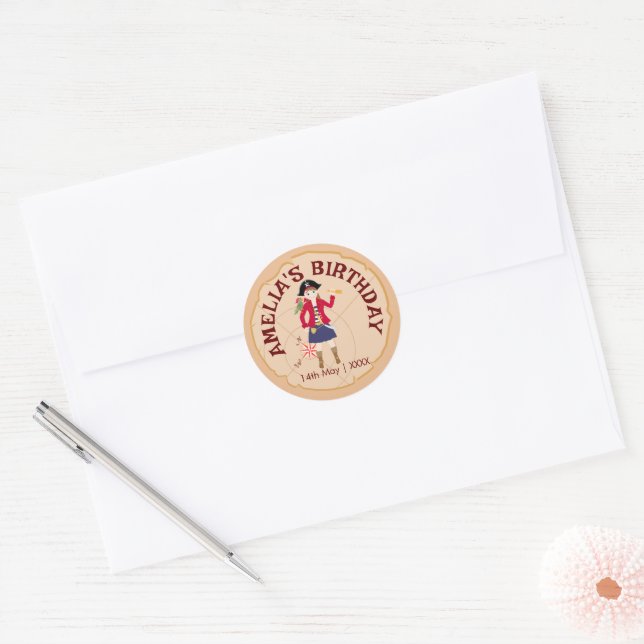 Pirate Girl Treasure Map Fun Birthday Party Classic Round Sticker (Envelope)