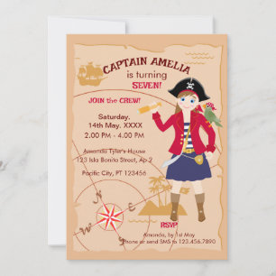 Pirate Girl Treasure Map Fun Birthday Party Invitation