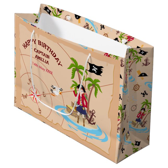 Pirate Girl Treasure Map Fun Birthday Party Large Gift Bag (Front Angled)