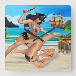 PIRATE GIRLS CATFIGHT SQUARE WALL CLOCK