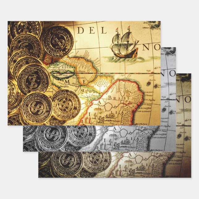 Pirate Gold Treasure Map Wrapping Paper Sheets (Set)