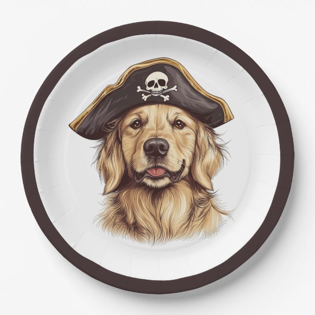 Pirate Golden Retriever Dog Skull Paper Plates (Front)