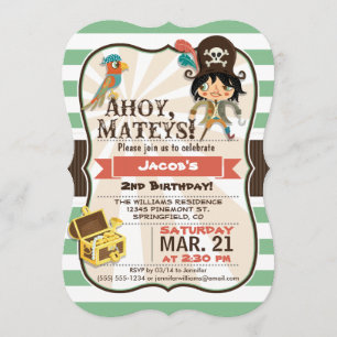 Pirate; Green, Orange, & Brown Birthday Party Invitation