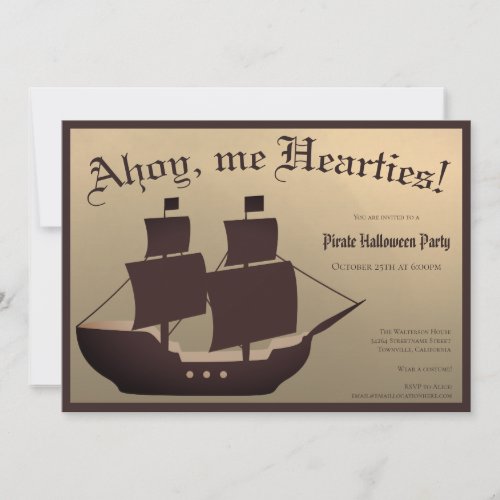 Pirate Halloween Costume Party Ship Brown Gold Invitation