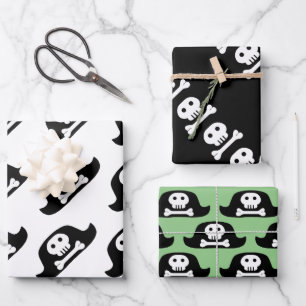Pirate Hat Black Skull Crossbones Pattern Kids Wrapping Paper Sheets