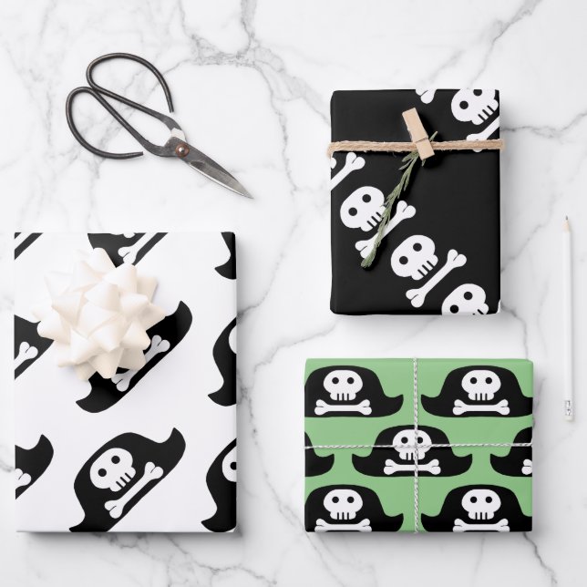 Pirate Hat Black Skull Crossbones Pattern Kids Wrapping Paper Sheets (Front)