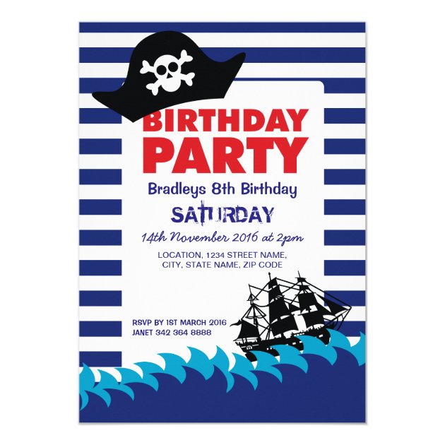 Pirate Hat Boat Boys Nautical Birthday Invitation