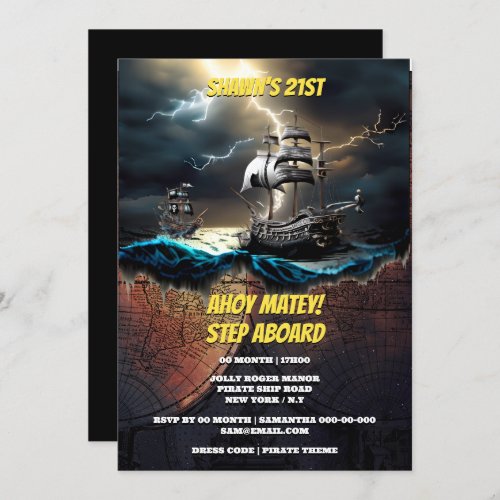 Pirate high seas chase ghost ship map theme invitation