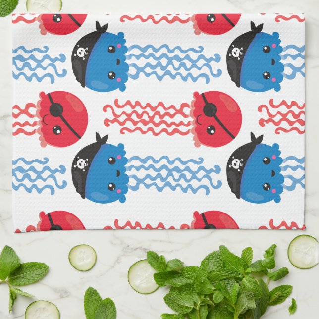Pirate Jellyfish, Jellyfish Pattern, Sea Animals Kitchen Towel (Folded)