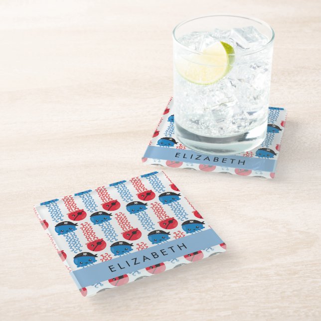 Pirate Jellyfish, Jellyfish Pattern, Your Name Glass Coaster (Angled)
