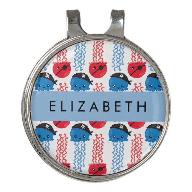 Pirate Jellyfish, Jellyfish Pattern, Your Name Golf Hat Clip (Front)