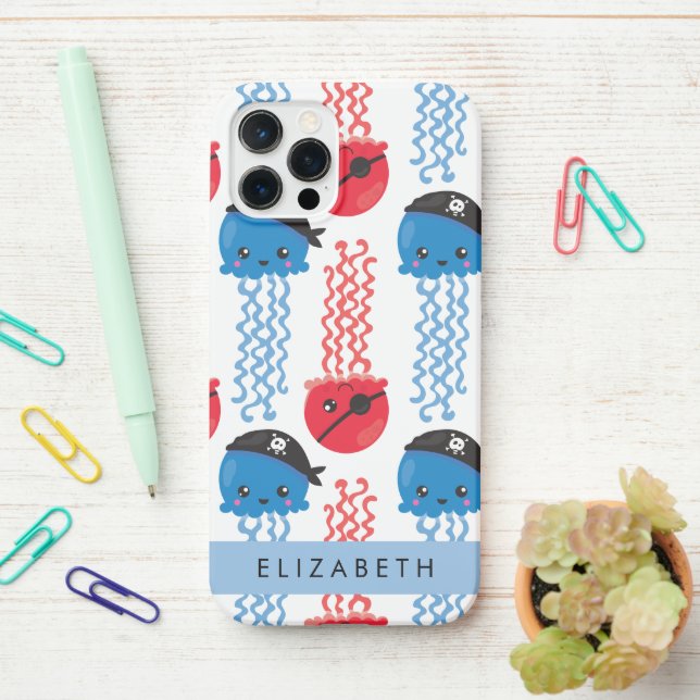 Pirate Jellyfish, Jellyfish Pattern, Your Name iPhone Case (On Desk)