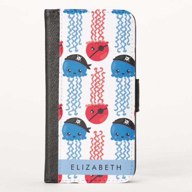 Pirate Jellyfish, Jellyfish Pattern, Your Name iPhone Wallet Case (Front)