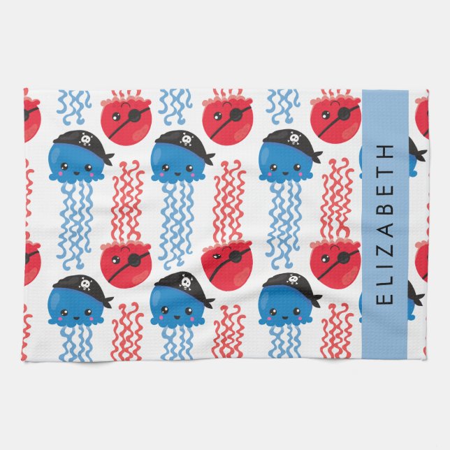 Pirate Jellyfish, Jellyfish Pattern, Your Name Kitchen Towel (Horizontal)