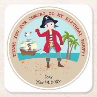 Pirate kid birthday party square paper coaster