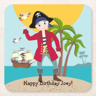 Pirate kid birthday party square paper coaster
