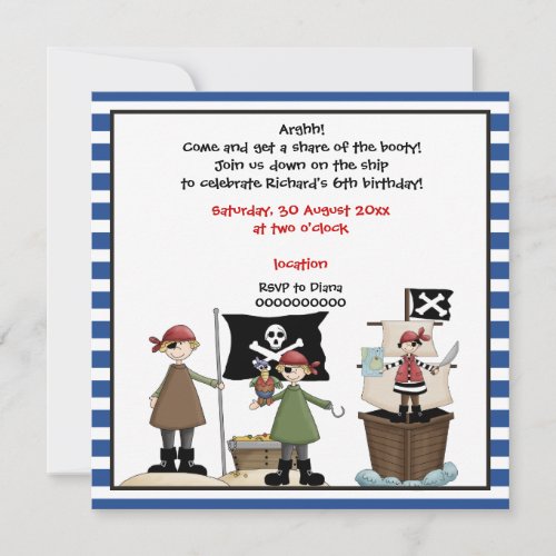 Pirate kids birthday party invitation_ Blue border Invitation